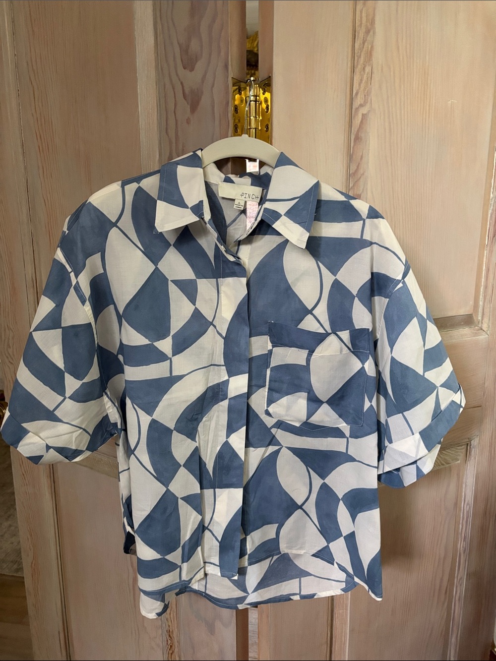 Pinch Abstract Blue and White Short Sleeve Button-Up Blouse